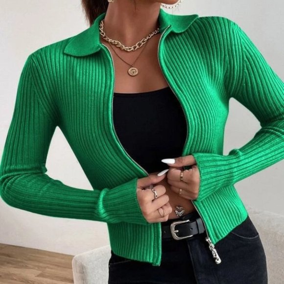 . Sweaters - Zip up Front Knit Sweater Cardigan Green